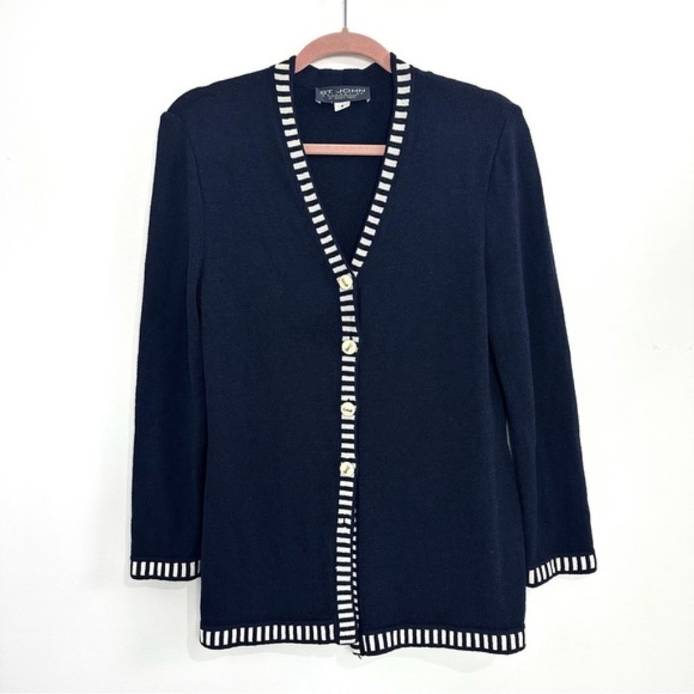 St. John Navy Button Front V - Neck Cardigan Sweater